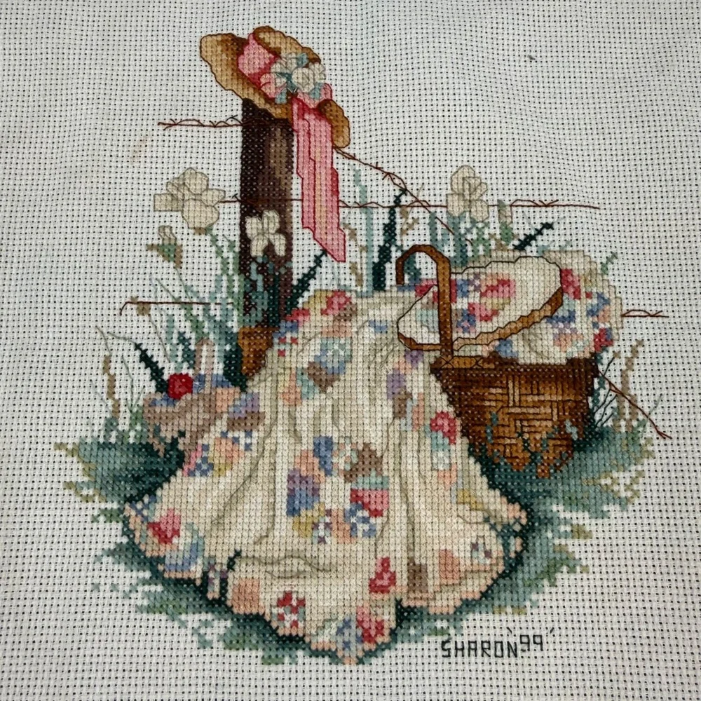 Vintage Sharon 99 Hand Stitched Cross Stitch Cottagecore Quilt Picnic Scene Art